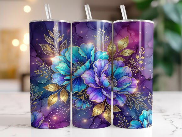 Blue Purple Floral Gold Leaf Tumbler PNG Review